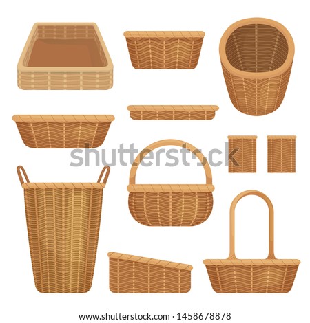 Empty baskets set isolated on white background. Wicker picnic baskets, Easter holiday, container clean. Royalty-Free Stock Photo #1458678878