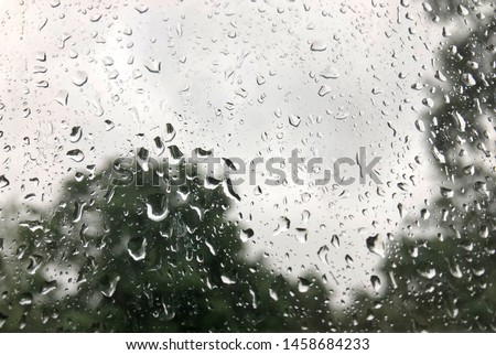 Raindrops on clear umbrella under overcast sky in rainy day.
