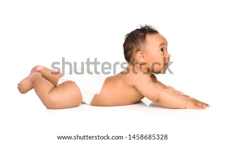 Adorable African-American baby in diaper on white background