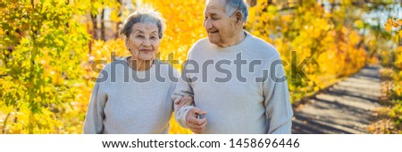 BANNER, LONG FORMAT Happy senior citizens in the autumn forest. family, age, season and people concept - happy senior couple walking over autumn trees background