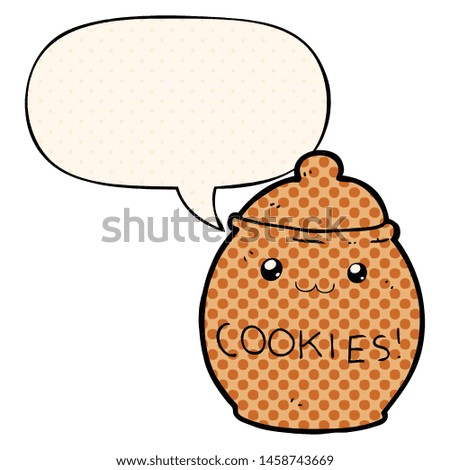 cartoon cookie jar with speech bubble in comic book style