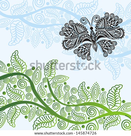 Nature pattern background branch leaves sky butterfly vector illustration