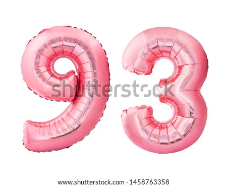 Number 93 ninety three made of rose gold inflatable balloons isolated on white background. Pink helium balloons forming 93 ninety three number Royalty-Free Stock Photo #1458763358