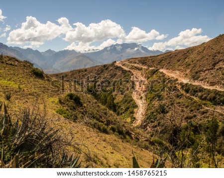 Path in the Andes mountains near Moray ruins, in the Sacred Valley of the Incas, Peru. South America.