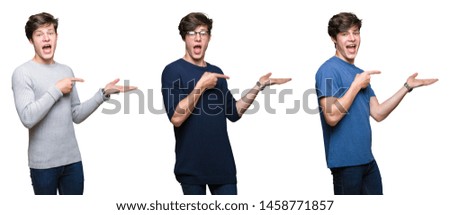 Collage of young man over white isolated background amazed and smiling to the camera while presenting with hand and pointing with finger.