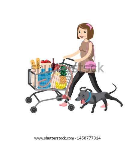 Young woman pushing supermarket shopping cart full of groceries next dog runs for sausages. Vector illustration isolated on white background. eps 10