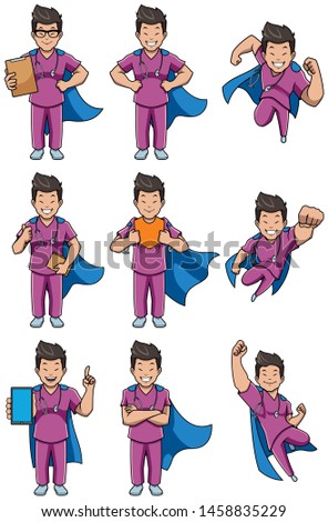 Set with male cartoon medical nurse in different poses.