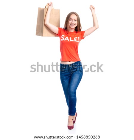 Woman in shirt and high heels with bag package shoes sale shopping fashion smiling happiness on white background isolation