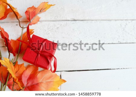 red gift box on white aged wooden boards with an autumn leaves, copy space