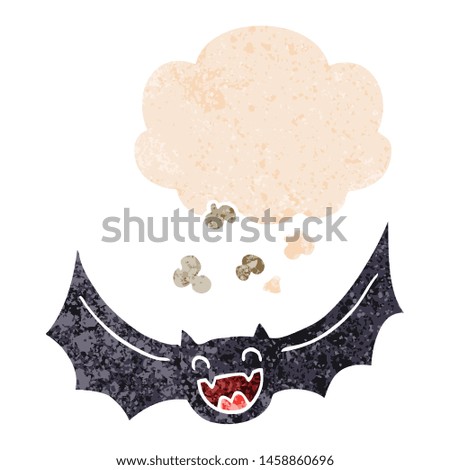 cartoon bat with thought bubble in grunge distressed retro textured style