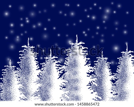 Christmas winter night landscape. Silhouettes of snow-covered fir trees among snowfall  on starry sky background. New Year vector scene. Can use for banner, website, printed materials, greeting cards