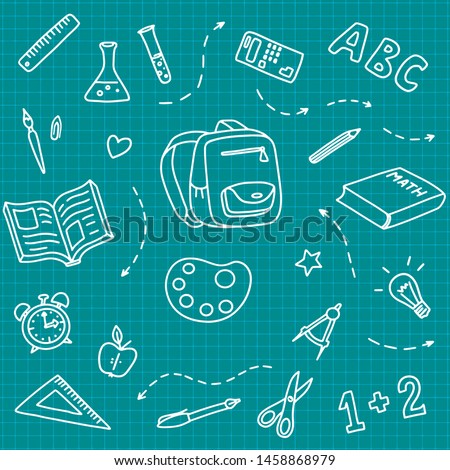 Back to school - blackboard doodle. Lessons objects drawn by hand in a childish manner. Cute vector outlined cartoon drawings.  Royalty-Free Stock Photo #1458868979