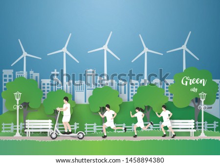 A young man riding an electric scooter and People running on the grass in the Green city,Exercise makes healthy,paper craft vector and illustration.