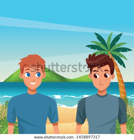 Young male couple smiiling and walking cartoon in the beach scenery ,vector illustration.