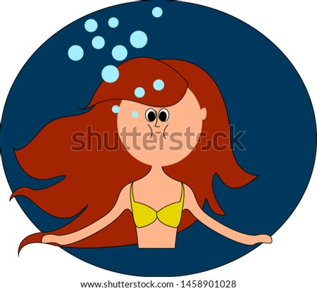 Woman with red hair underwater, illustration, vector on white background.
