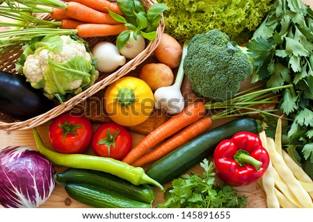 Close up of various colorful raw vegetables Royalty-Free Stock Photo #145891655