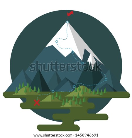 Night mountain landscape in flat style. Red flag on top of the mountain. The route leads from the foot to the top of the highest mountain. Success, leadership, career growth. Tourism, nature, travel.