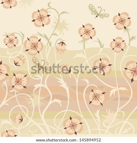 Abstract seamless background with flowers and butterflies. Vector pattern