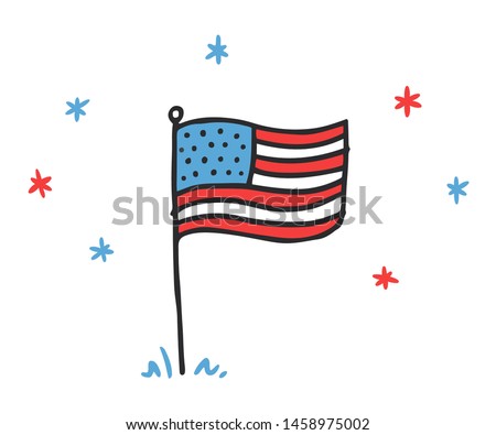 Hand drawn doodle style USA flag with stars. Childrens pencil drawing American banner for Independence day.