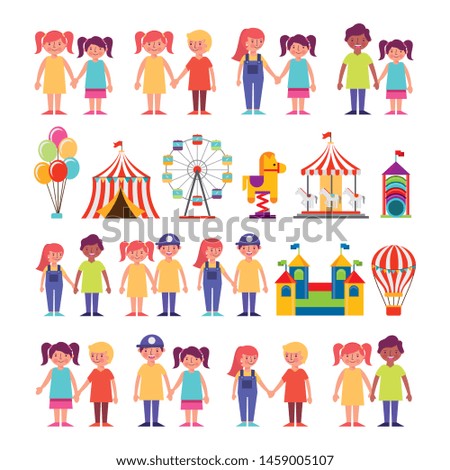 group of kids and amusement park bundle characters vector illustration design