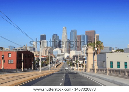 Los Angeles city skyline. 1st Street leading to downtown LA.