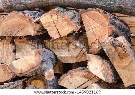 Pile of stacked triangle firewood prepared for fireplace and boiler. Background with pile of firewoods. Closeup of firewoods in the yard - pile of chopped firewood prepared for heating