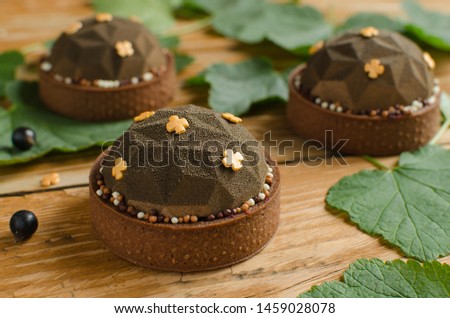 Set of contemporary chocolate and black currant mini mousse tarts covered with brown velvet spray decorated with chocolate crispy balls on dark wooden background