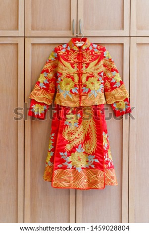 Close up traditional Chinese marriage formal dress of bride