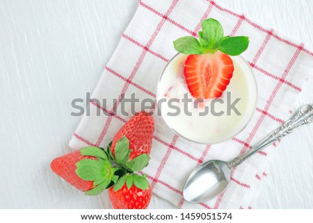 Healthy food of yogurt. Strawberry Yogurt with berries. Top view, High resolution product