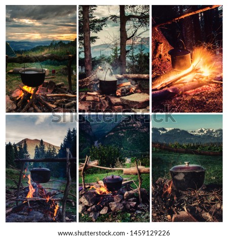 
in a tourist campfire beautiful cauldrons