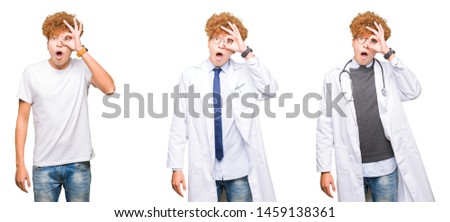 Collage of young doctor man wearing medical coat over isolated white background doing ok gesture shocked with surprised face, eye looking through fingers. Unbelieving expression.