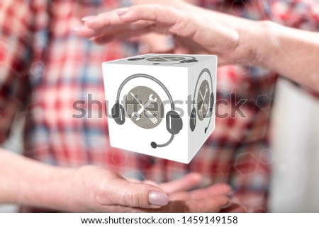 Technical support concept between hands of a woman in background