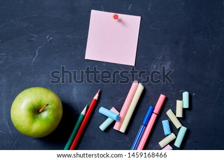 Back to school or student and education concept. Top view. layout. Apple, school accessories and sticker