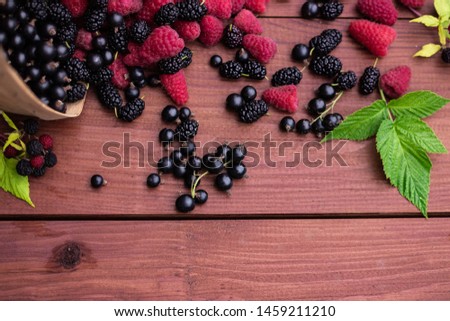 Top view of mixed fresh summer berries fruits pile on wooden rustic table with copy space for advertisement. Ripe natural raspberry, mulberry, currant, blackberry on wooden background with empty space
