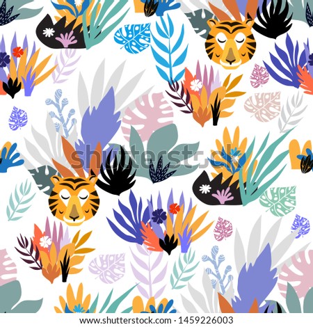 Beautiful seamless pattern with tiger. Tropical flowers background. Cute vector elements in flat cartoon style. Kids illustration for design prints, cards and birthday invitations. Vector