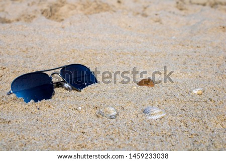 The picture contains sunglasses seashells in the sand of a beautiful beach. Write down your on text 