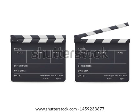 Clapperboard realistic style set, movie and cinema industry. Entertainment and filmmaking studio board. Vector open and closed clapperboard illustration
