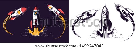 Space rocket launch and flies. Rocketship retro vintage vector illustration. Royalty-Free Stock Photo #1459247045