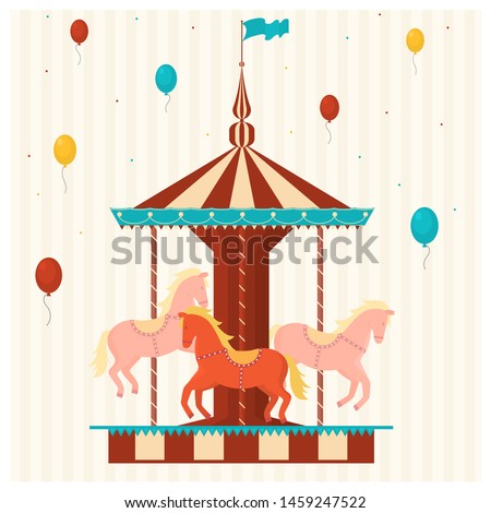 Cartoon Color Merry Go Round Carousel Include of Balloon and Horse Amusement Concept Flat Design. Vector illustration