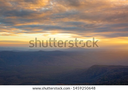 Mountain at sunset, the sky is yellow,Sunset, Sky, Mountain, Cloudscape, Cloud - Sky,Blue Mountains 
