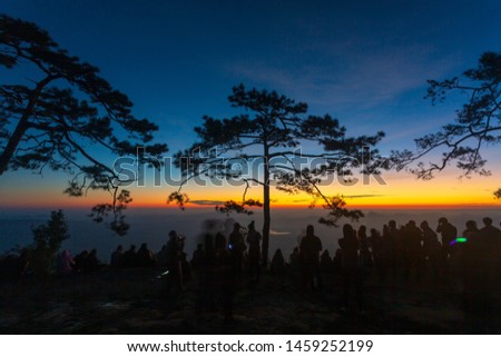 Silhouette of tourist at mountain top wait for see sunrise,Phu Kradueng National Park, Thailand,Asia, Thailand, Arranging, Back Lit, Business Travel,