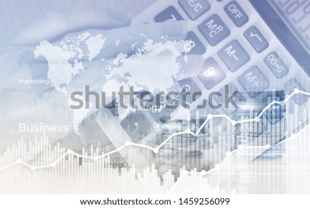 World wide map on abstract business background, coins and calculator double exposure graph, chart and diagram.