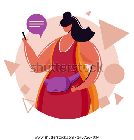 Young woman chatting on social media network with friends.Surrounded by message bubbles,girl addicted to internet and digital gadgets.Vector illustration with flat cartoon character.