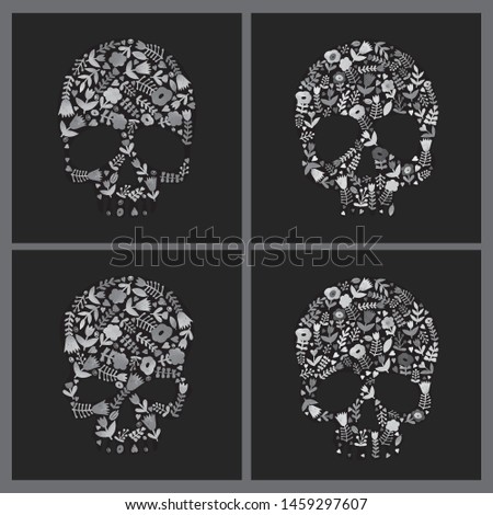 Skull floral elements kit, Halloween summer- autumn doodle templates set