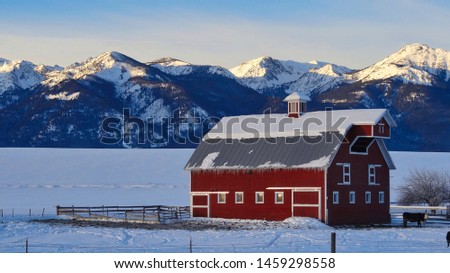 Picture of sunrise over old red barn on alpine farm after winter snowstorm in Wallowa Mountains near Joseph, Oregon USA