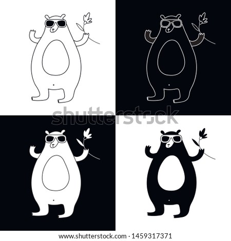 Cute cartoon hipster bear illustration set. Funny vector black and white hipster bear illustration set. Isolated monochrome hipster bear illustration set for various projects.
