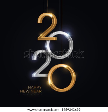 2020 silver and gold numbers hanging on black background. Vector illustration. Minimal invitation design for Christmas and New Year.