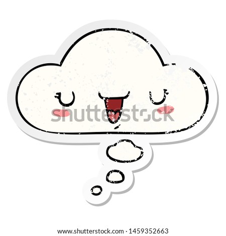 cute happy face cartoon with thought bubble as a distressed worn sticker
