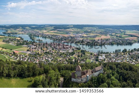 Panorama of Stein am Rhine and the Hohenklingen Castle in the beautiful region of Lake Constance and Rhine river. Switzerland. Aerial image by drone