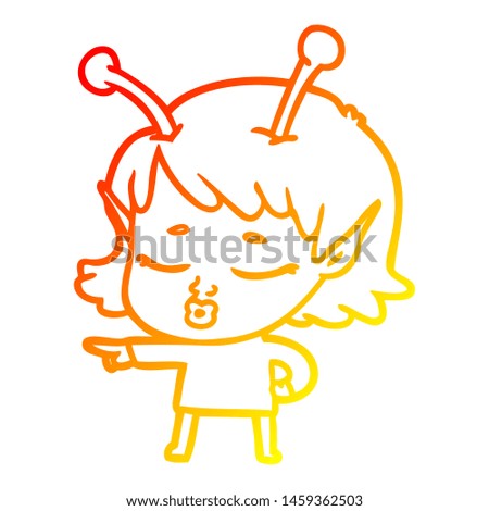 warm gradient line drawing of a cute alien girl cartoon pointing